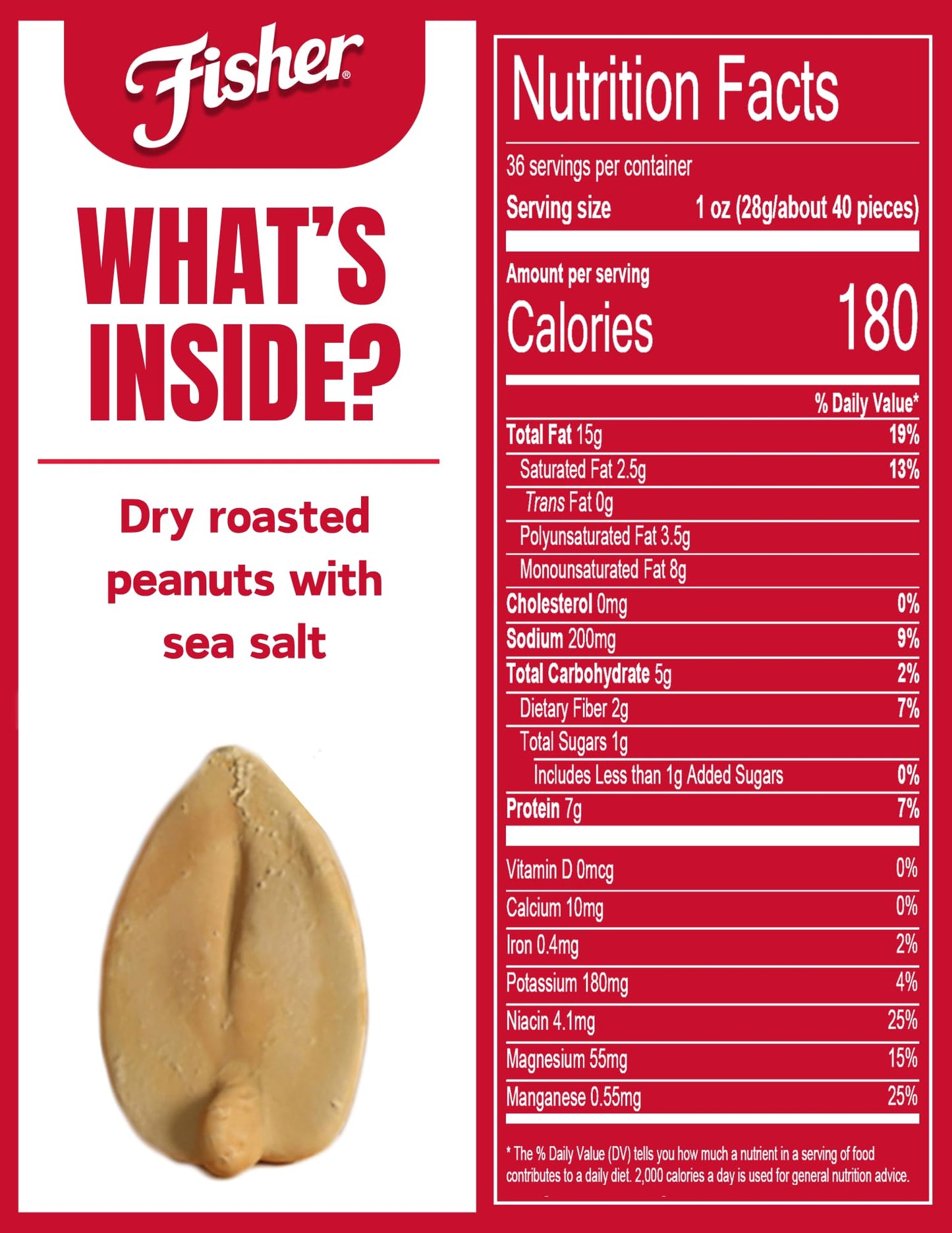 Fisher Sea Salt Dry Roasted Peanuts, 36 oz (Pack of 6) - No Artificial Colors or Flavors, 100% Recyclable Snacks