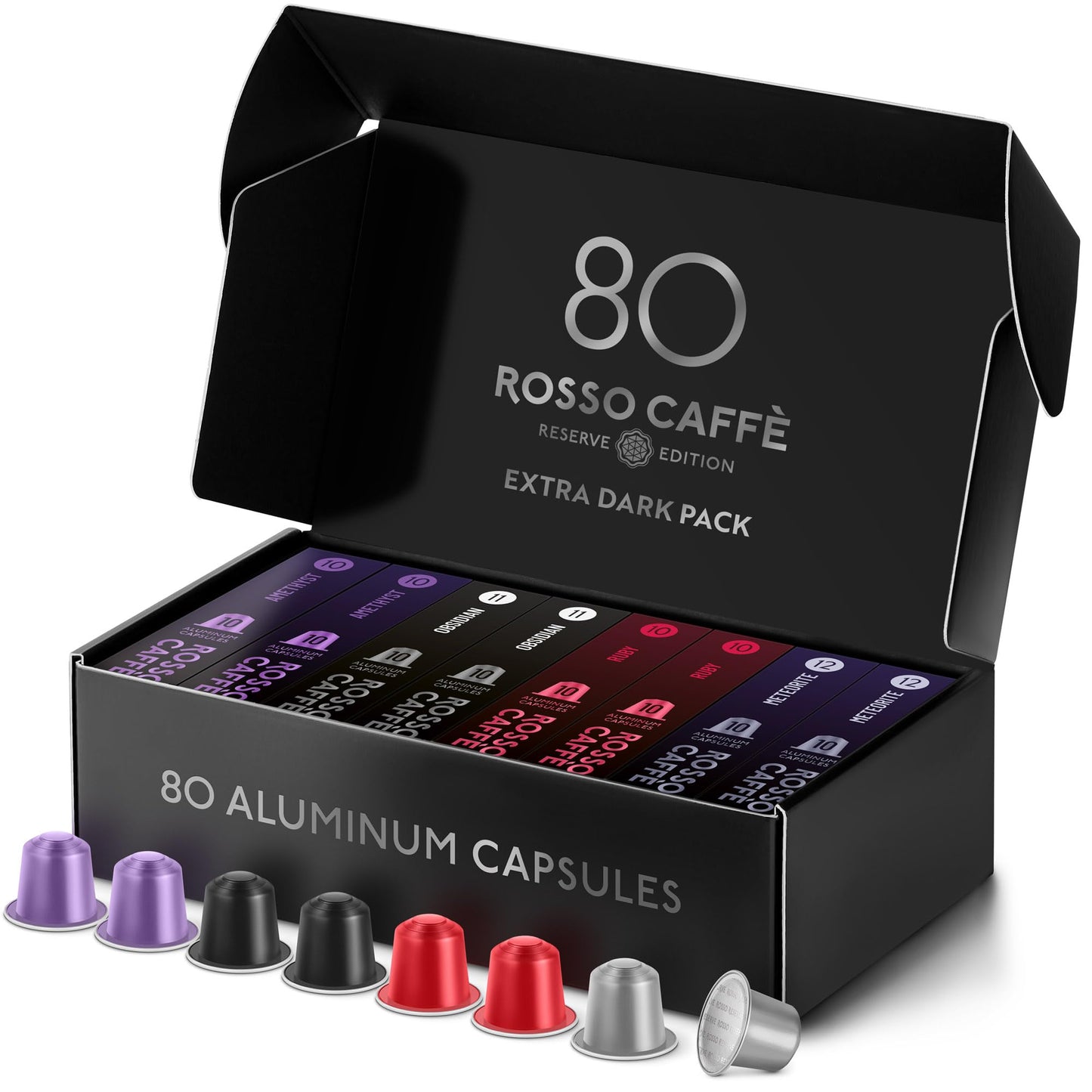 ROSSO CAFFÈ Espresso Coffee Pods for Nespresso - Dark Roast Intense, 80 Capsules, 4 Strong Flavors, Made in Italy