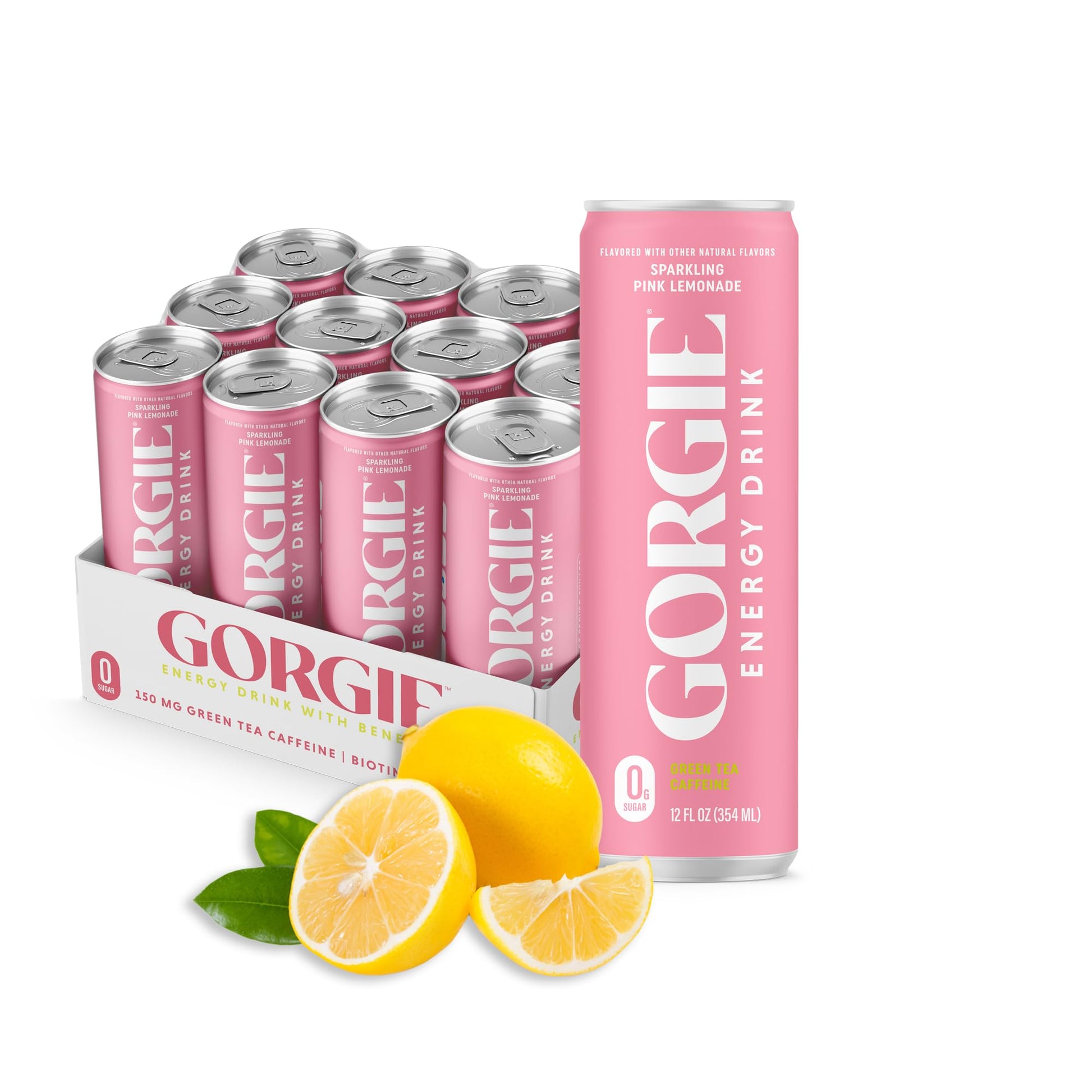 GORGIE Sugar-Free Natural Energy Drinks  Pink Lemonade (12 Pack) - Healthy Energy Drink - Natural Coffee Replacement with Green Tea Caffeine and Biotin  150mg Caffeine  Vegan  Low Calorie