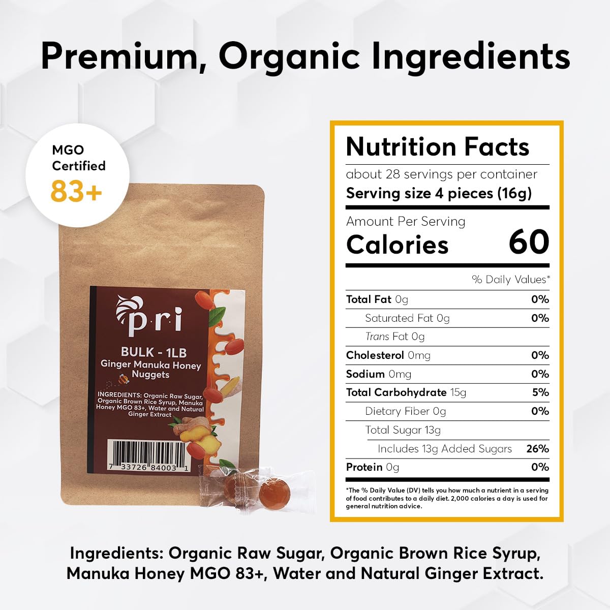 Pri Manuka Honey & Ginger Nuggets, Sweet And All Natural Hard Candy Treat, 1Lb