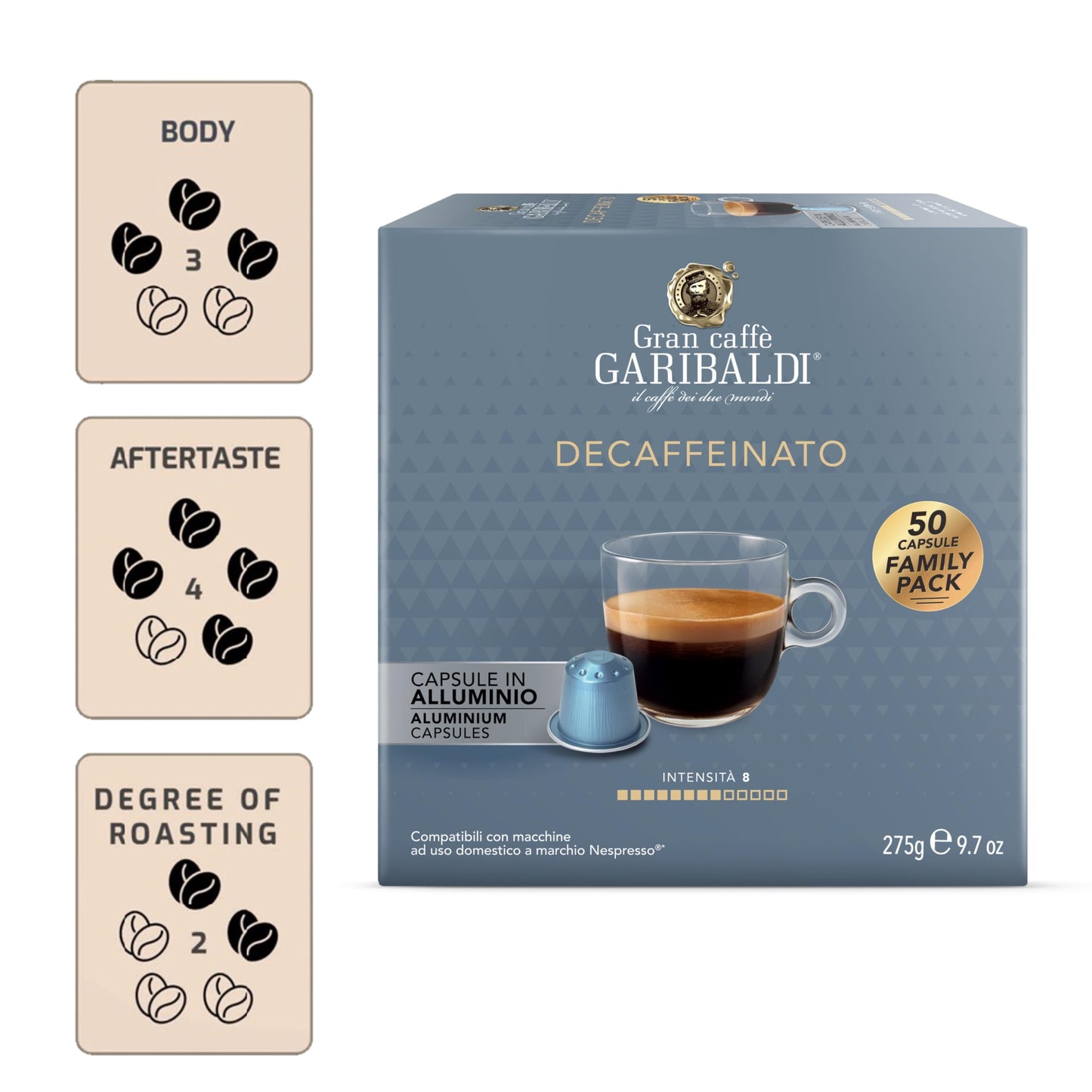Caffè Garibaldi Decaffeinated Espresso Pods, Compatible with Nespresso, 200 Count, Intense Aroma, Aluminum compact pieces