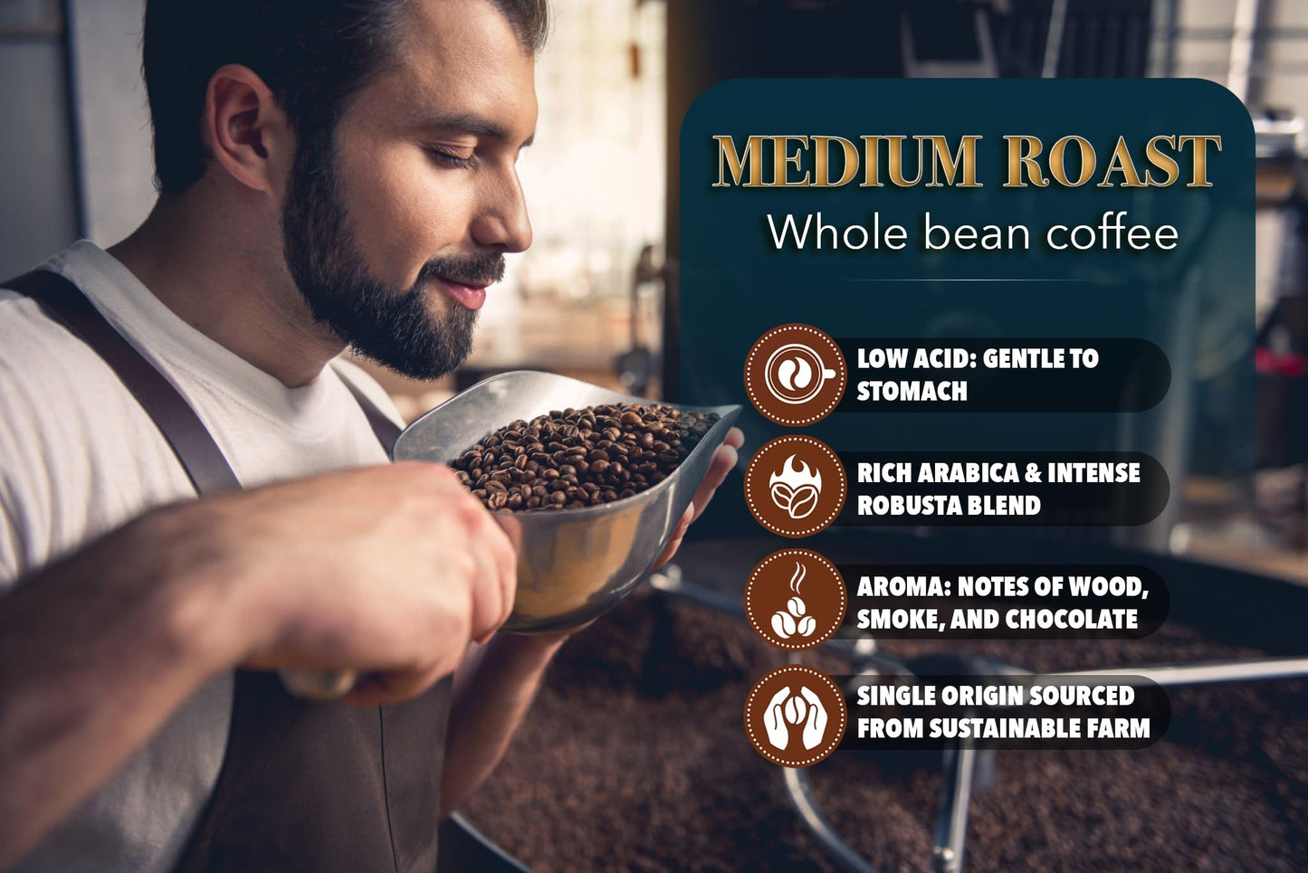 TARMO COFFEE Low Acid Arabica & Robusta Whole Bean Coffee, Medium Roast, 12 Oz Bag