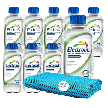 Electrolit Coconut Hydration Drink with Electrolytes 21 fl oz Plastic Bottles 9 Pack + 1 Microfiber Cooling Towel by KOOL8SHOP I