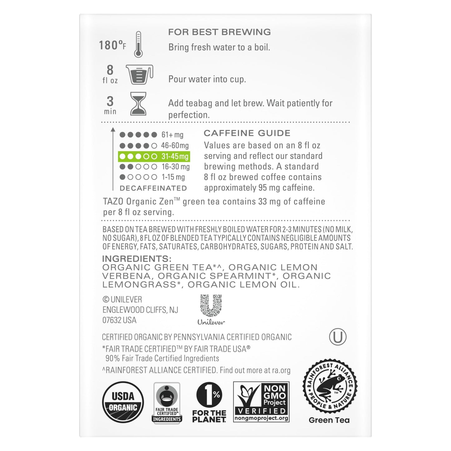 Tazo Organic Zen Green Tea Bags, 144 Total Tea Bags (36Ct - Pack Of 4)