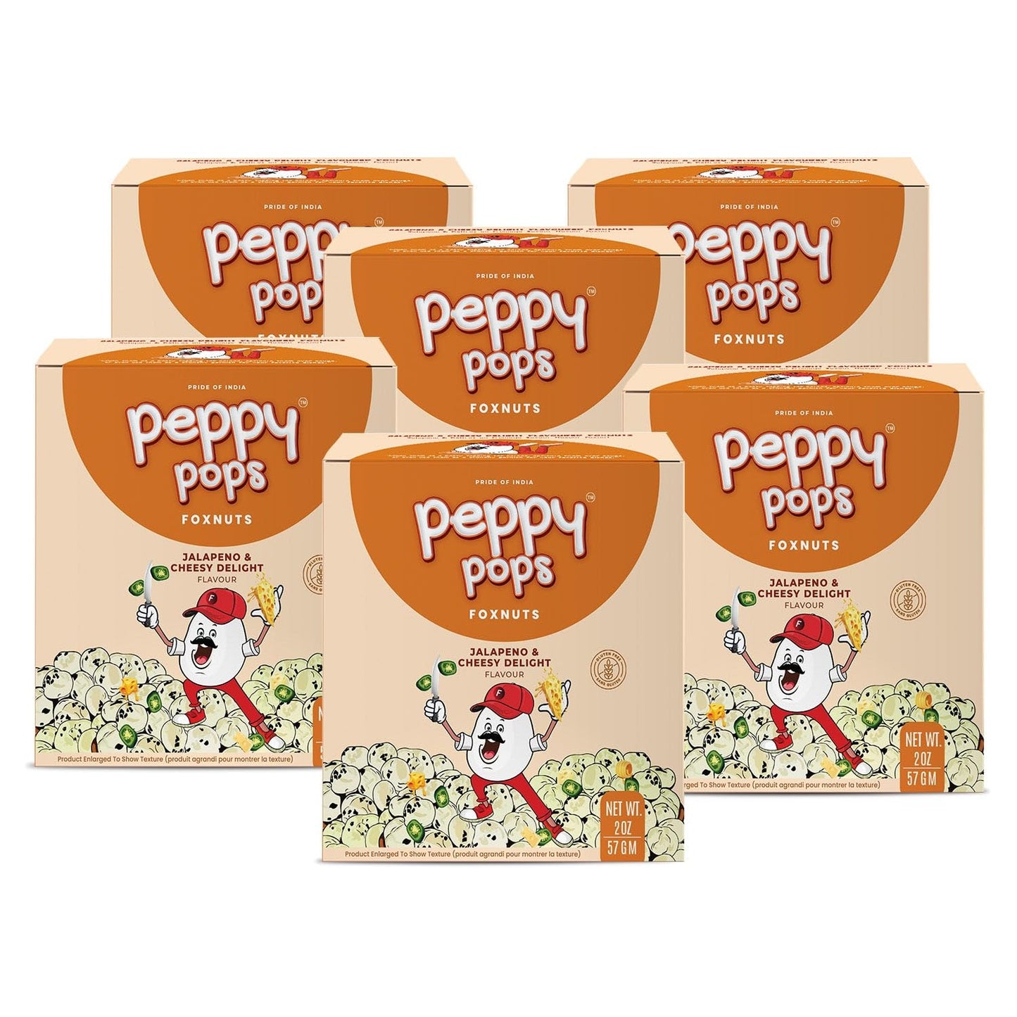 Peppy Pops | PACK of 6, Jalapeno & Cheesy Delight Foxnuts 2 oz (57 gm) - Spicy Cheesy Puffed Snack - Roasted Indian Makhana - Gl