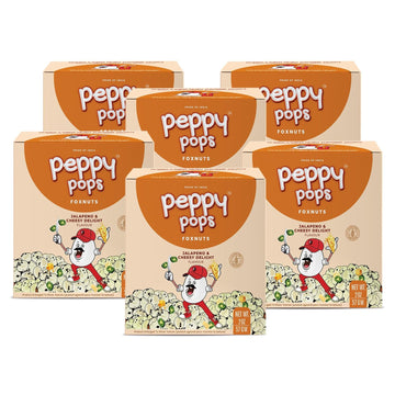 Peppy Pops | PACK of 6, Jalapeno & Cheesy Delight Foxnuts 2 oz (57 gm) - Spicy Cheesy Puffed Snack - Roasted Indian Makhana - Gl