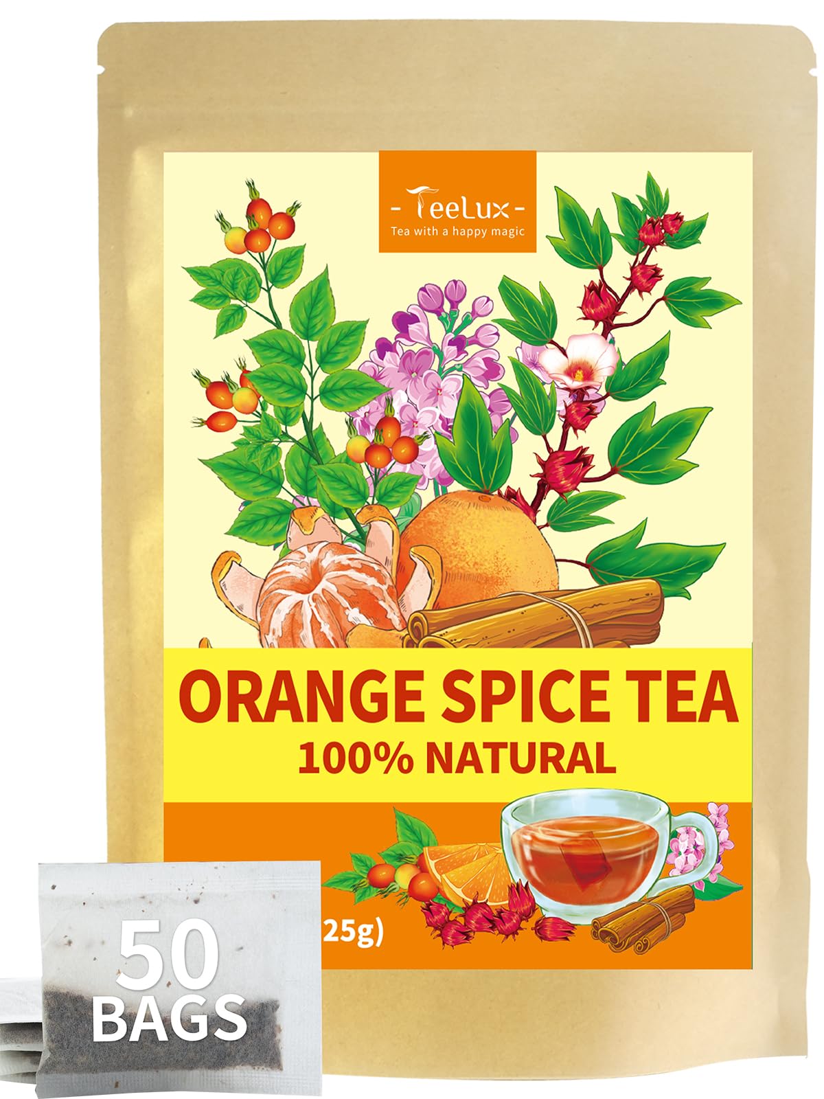 TeeLux Orange Spice Tea, Caffeine Free, Blended Rosehips with Cinnamon & Hibiscus, 50 Count