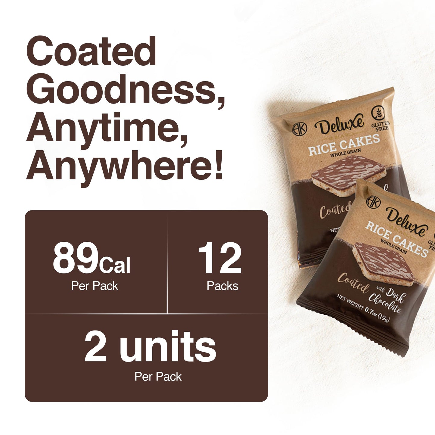 Deluxe & Bla Bla Chocolate Covered Rice Cakes 12 Pack - Whole Grain, Gluten-Free, Kosher, Low-Calorie Snack - Coated With Dark C
