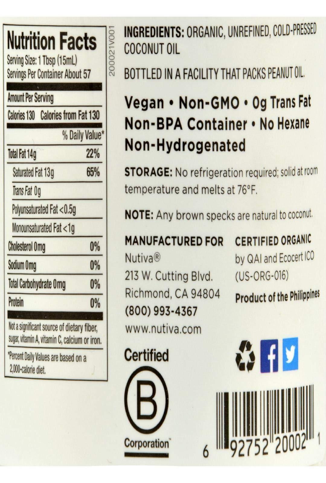 Nutiva Coconut Oil Organic Extra Virgin, 54 Oz