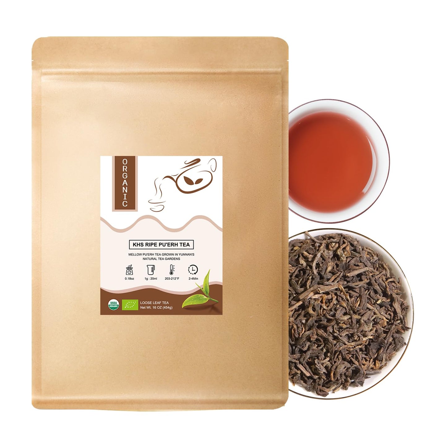 KHS Organic Pu Erh Tea Grade A, 16 Oz USDA Certified Aged Fermented Organic Ripe Puerh Tea Loose Leaf, No Dust Production Worksh