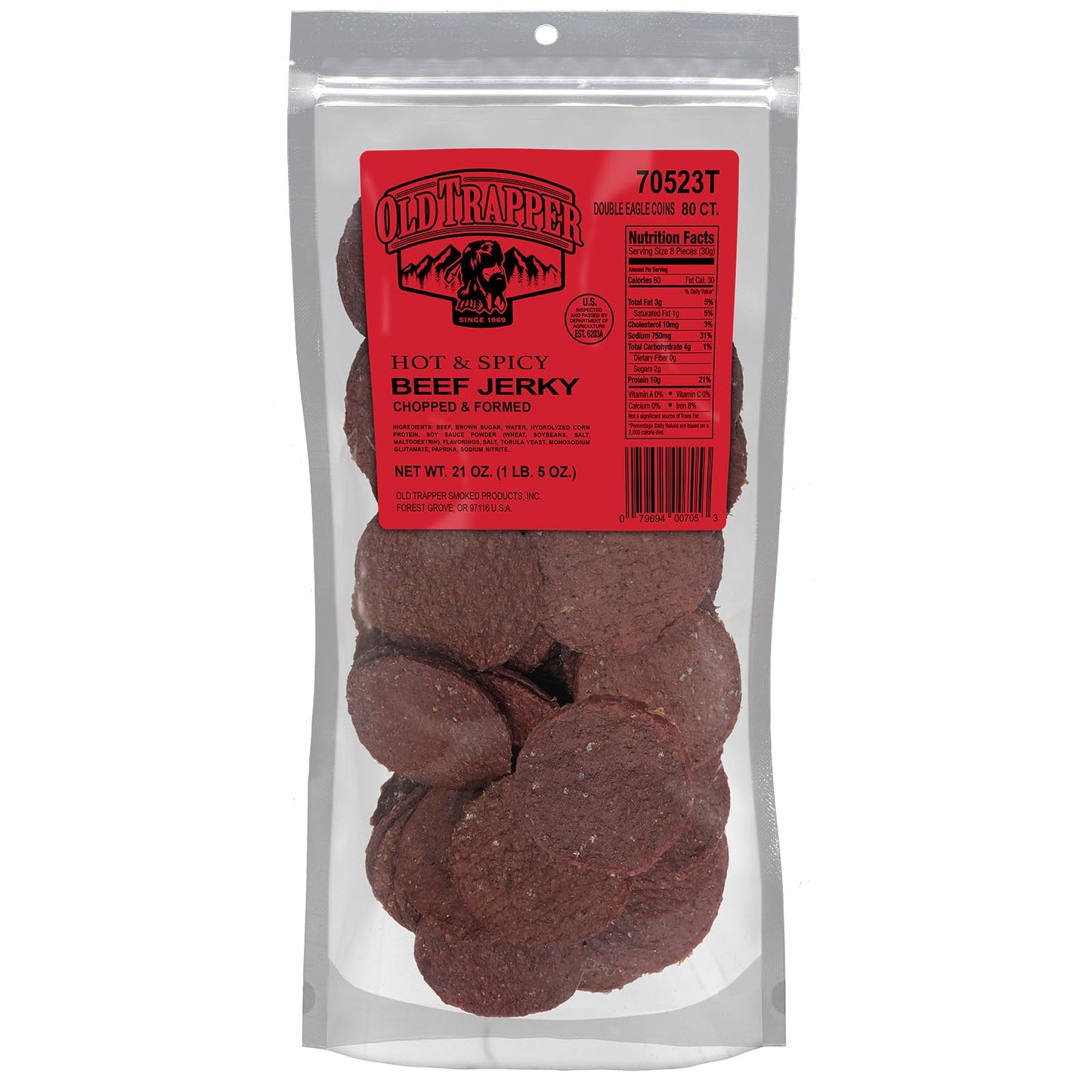 Old Trapper Beef Jerky, Hot & Spicy, 21oz, 10g Protein, Natural Wood Smoked, 80 Calories per Serving, Pack of 1