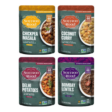 Saffron Road Meal Variety Pack - Bombay Lentils, Delhi Potatoes, Chickpea Masala, Coconut Curry (4 Total Pouches, 10 Oz Each)