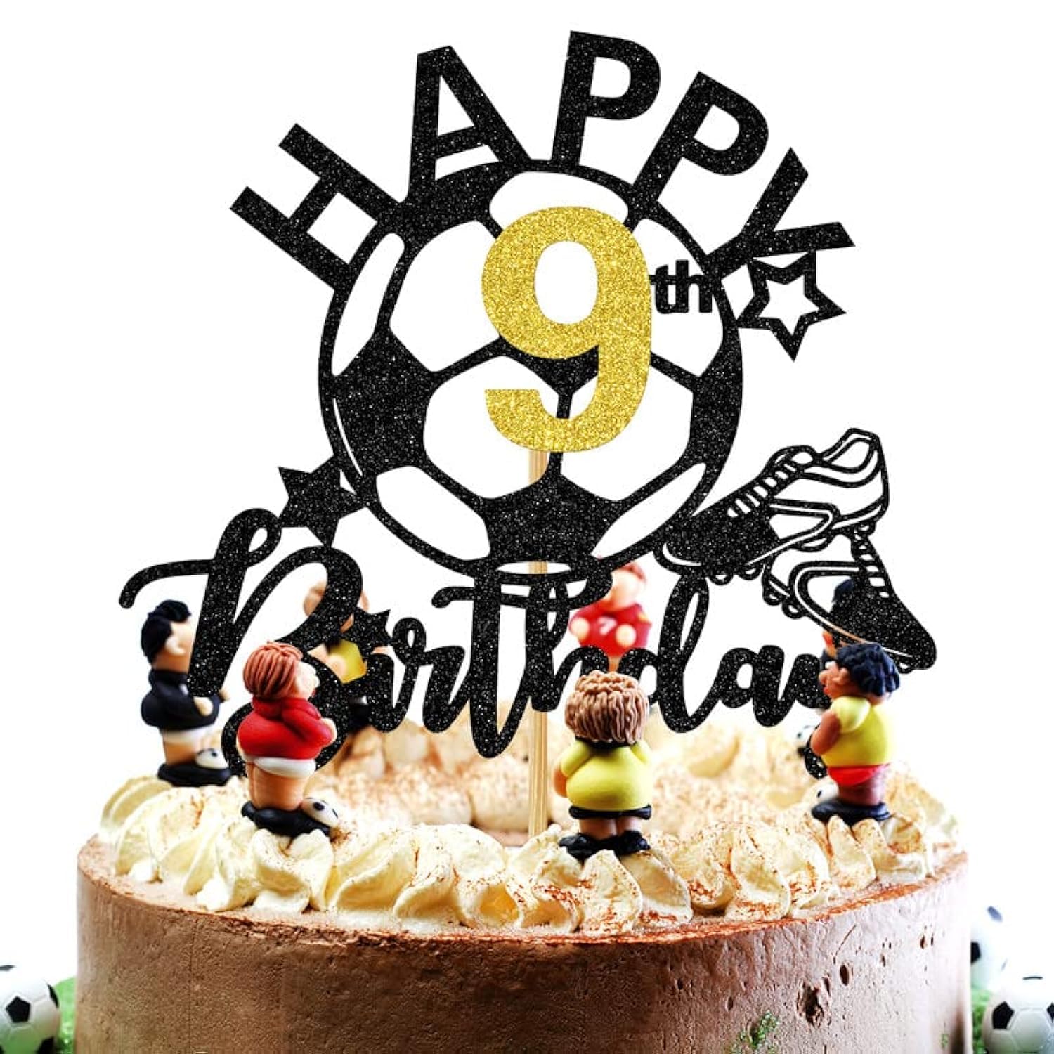 Aeryourtar Glitter Soccer Cake Topper, Paper Decoration for 9th Birthday Party, Soccer Theme, Kids Birthday Supplies