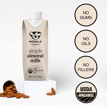 Mooala Organic Simple Almondmilk - -Shelf Stable Single Serve Cartons  3 Ingredients  No Gums  No Oil  No Fillers Unsweetened  Dairy Free Milk  On The Go 12 Pack
