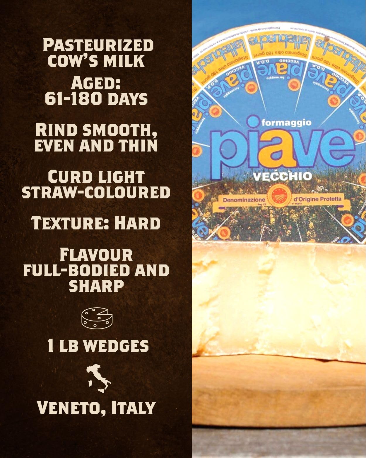 Fortunas Piave DOP Cheese - Nutty Aged Cows Milk Cheese, 12 oz Hand-Cut Wedge, Ideal for Charcuterie Boards and Gourmet Cooking