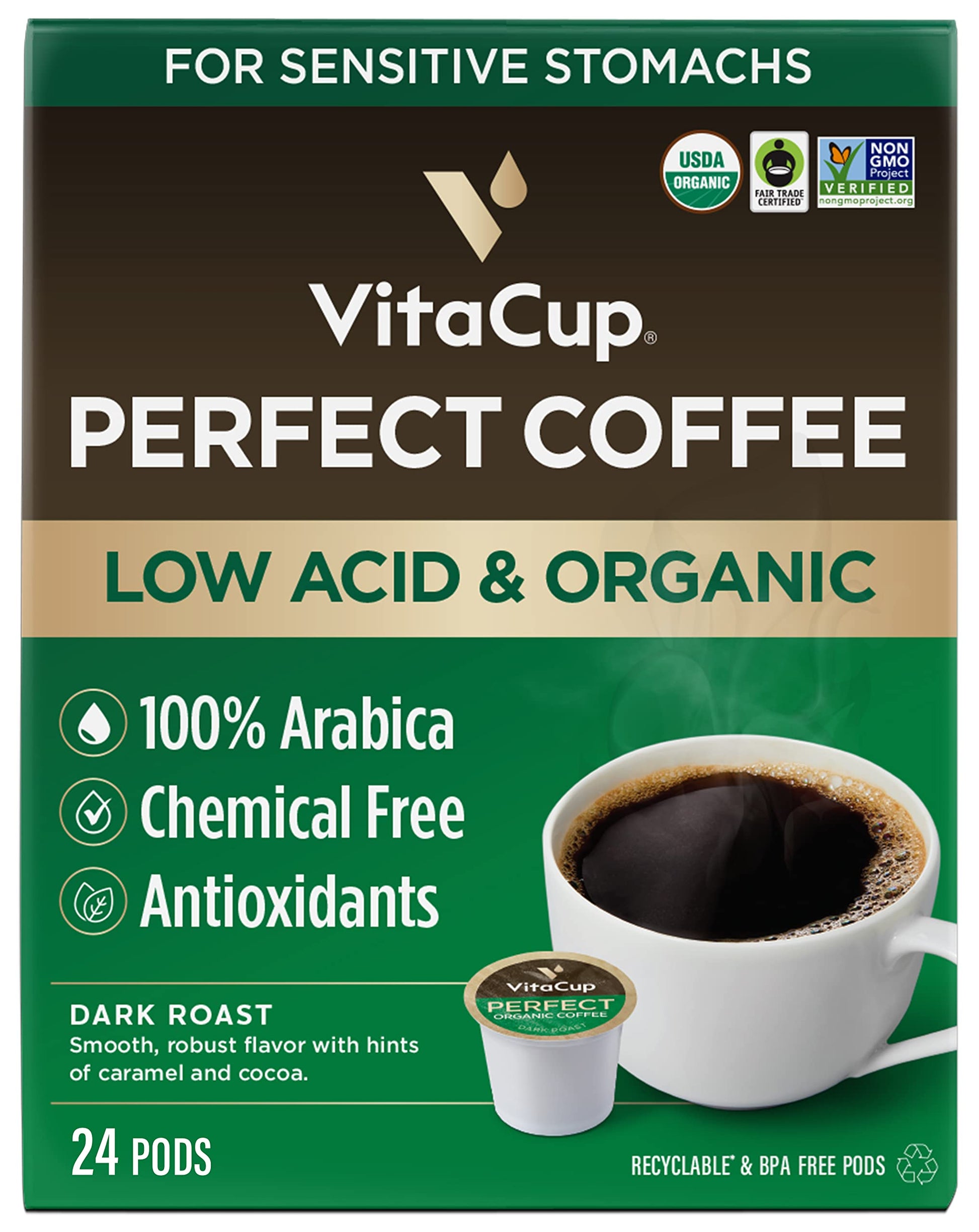 VitaCup Perfect Low Acid Coffee Pods  USDA Organic & Fair Trade  Mycotoxin Free  Dark Roast Guatemala Single Origin  Clean & Pure Recyclable Single Serve Pod compatible w/Keurig K-Cup malt-inspired 24 CT