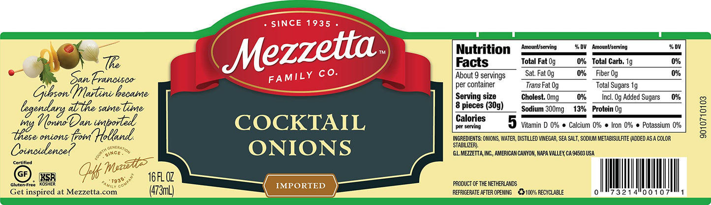 Mezzetta Cocktail Onions - Perfect Pickled Onions For Martinis & Antipasto - Tender & Flavorful - Includes Distilled Vinegar & Sea Salt - Ideal For Grilled Fish & More - 16 Oz Jar - Pack Of 6