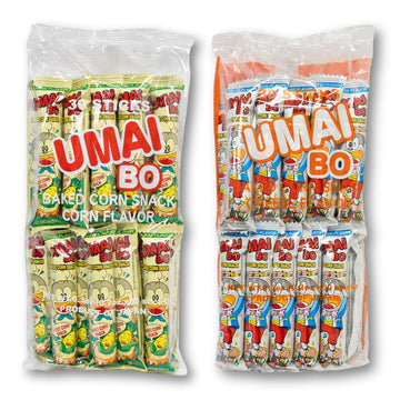 Japanese Corn Puffed Snacks Variety Pack, Corn Potage and Cheese Flavors, Umai Bo 60 Individually Wrapped Sticks (30 Corn, 30 Ch