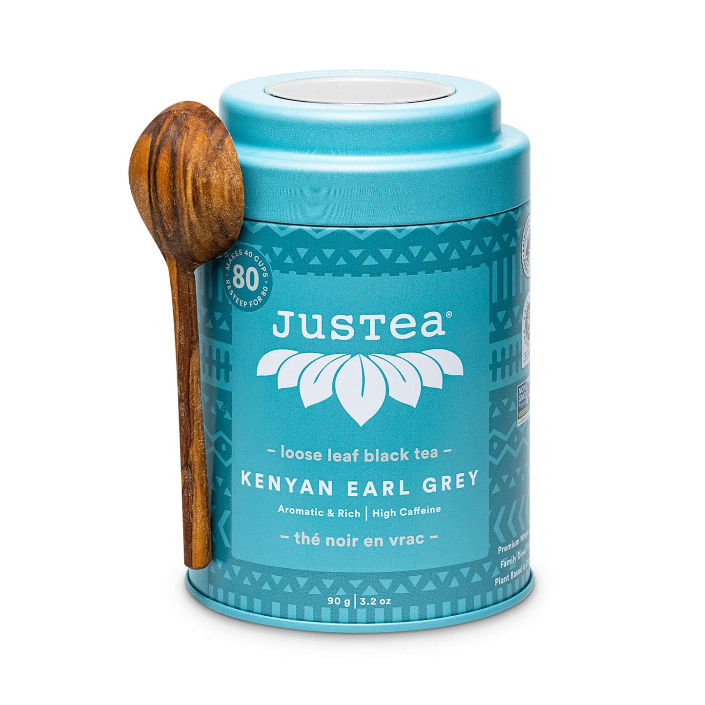 JusTea Kenyan Earl Grey Loose Leaf Black Tea, 3.2oz Tin with Spoon, High Caffeine, Fair Trade, Non-GMO
