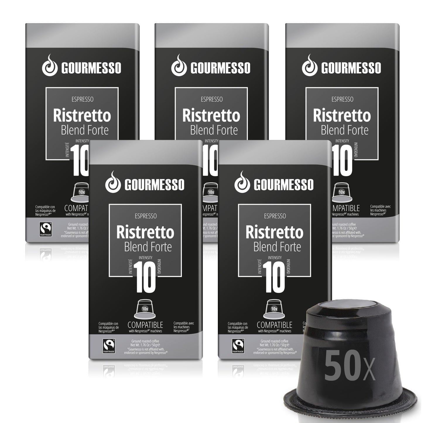 Gourmesso Espresso Coffee Pods for Nespresso Original Machines, Ristretto, Fairtrade, Dark Roast, 10 Count (Pack of 5)