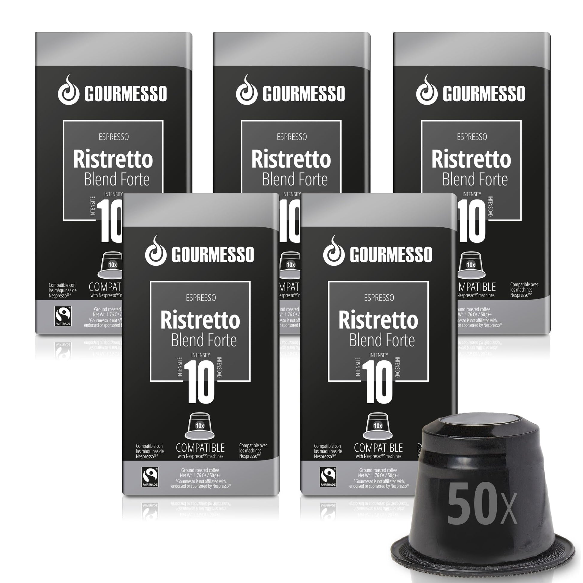 Gourmesso Espresso Coffee Pods for Nespresso Original Machines, Ristretto, Fairtrade, Dark Roast, 10 Count (Pack of 5)