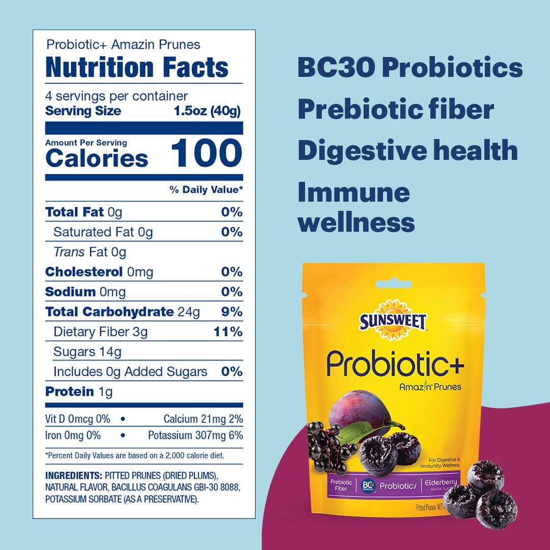 Sunsweet Pitted Prunes with Probiotics, Unsweetened, Dried, Gluten Free, Elderberry Flavor, 6oz, 8 Pack
