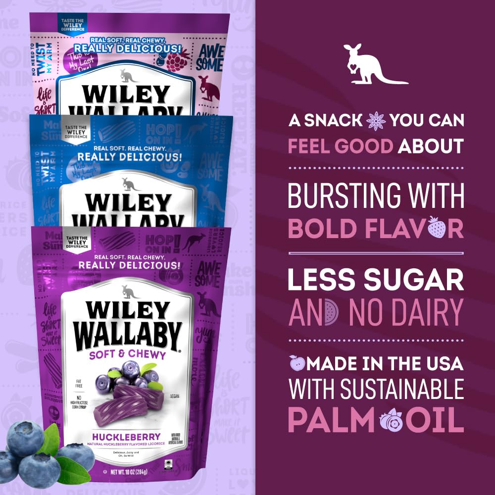 Wiley Wallaby Licorice 10 Ounce Variety Pack - Blueberry Pomegranate, Huckleberry, & Blasted Berry Gourmet Australian Style Soft