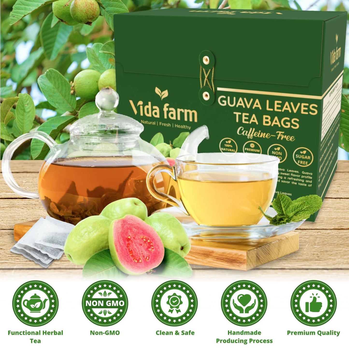 VIDA FARM Guava Leaf Tea Bags, 100% Pure, Non-GMO, Caffeine-Free, 75 Bags