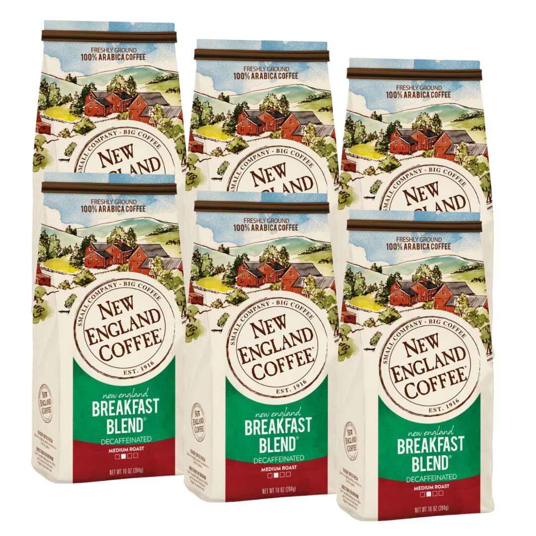 New England Coffee Breakfast Blend Decaffeinated Medium Roast Ground Coffee, 10Oz Bag (Pack Of 6)