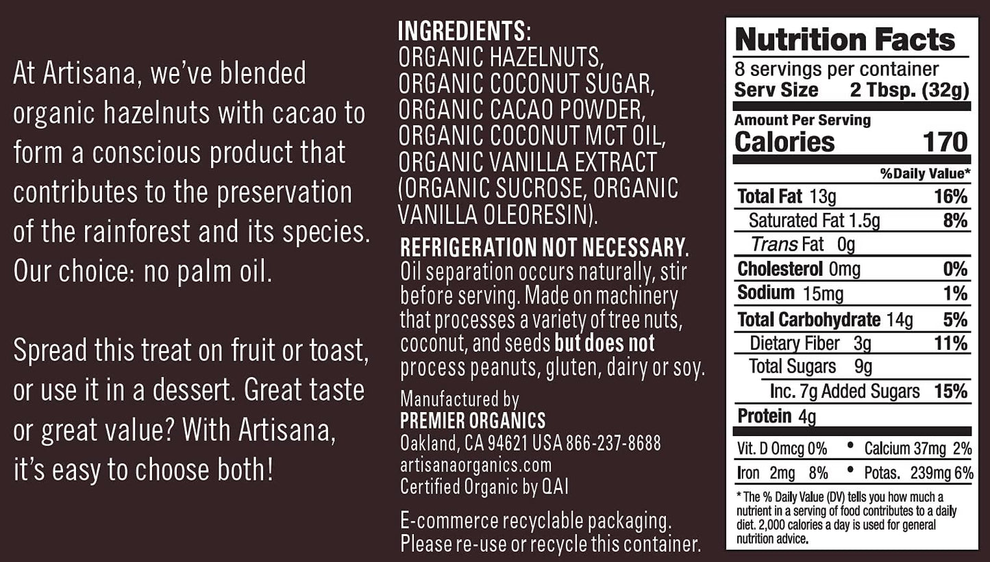 Artisana Organics Hazelnut Cacao Spread, 9.5 Oz | No Palm Oil, Sweetened With Coconut Sugar