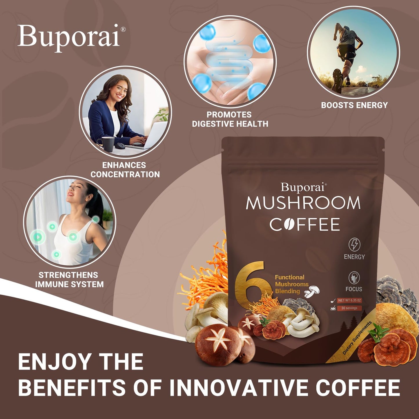 Mushroom Coffee, Instant Mushroom Coffee Organic With 6 Mushrooms Lions Mane, Cordyceps, Turkey Tail & Other For Energy, Focus,