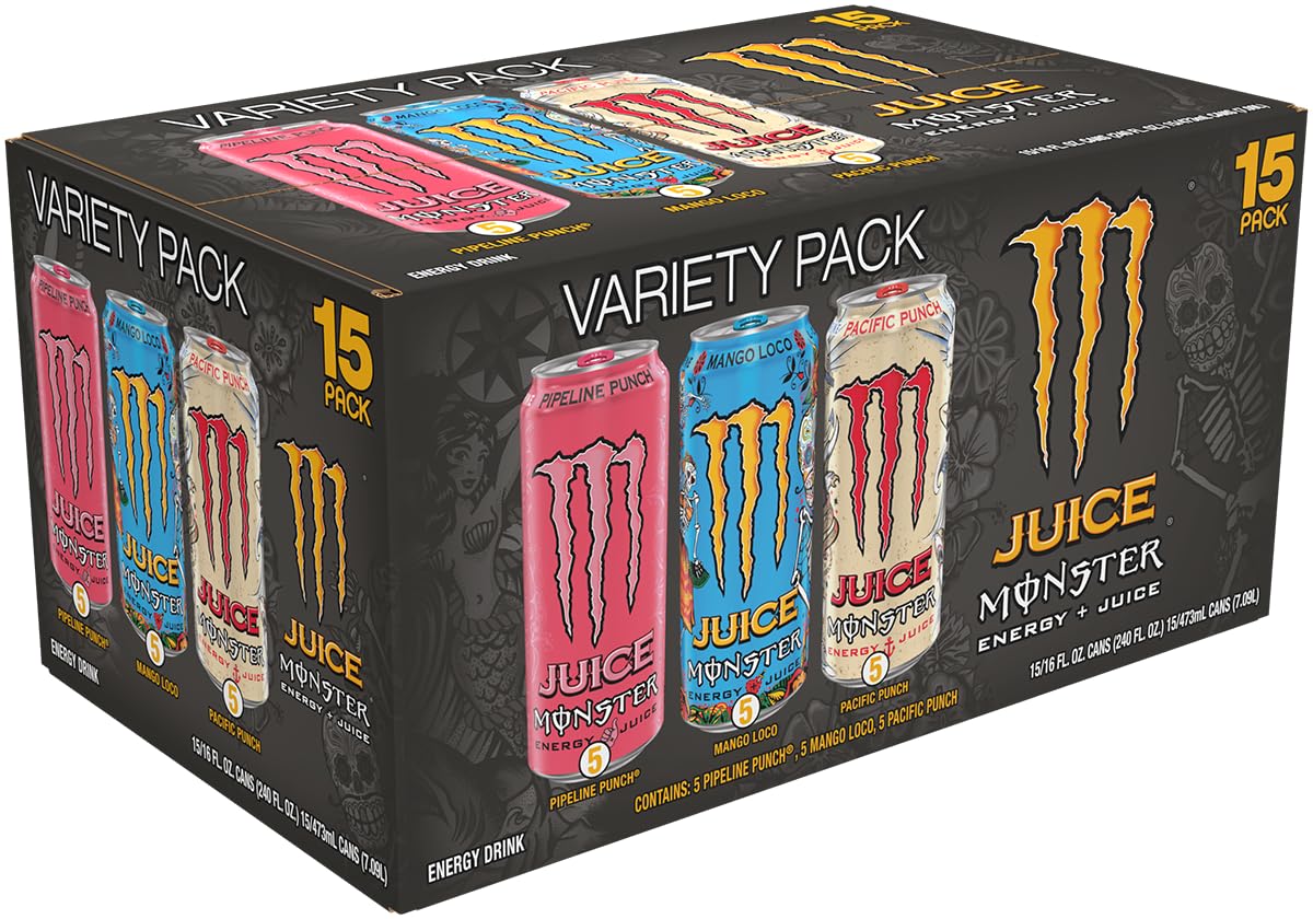 Monster Energy Juice Monster Variety Pack, Pipeline Punch, Mango Loco, Pacific Punch, Energy+Juice, Energy Drink, 16 Ounce (Pack Of 15)