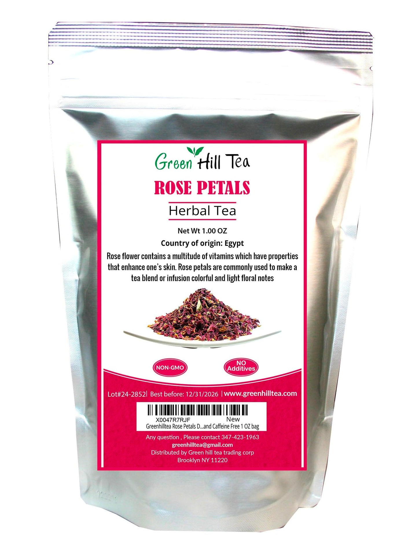Greenhilltea Dried Rose Petals - Edible Flowers for Herbal Tea, Baking, Gluten & Caffeine Free, 1 OZ Resealable Pouch