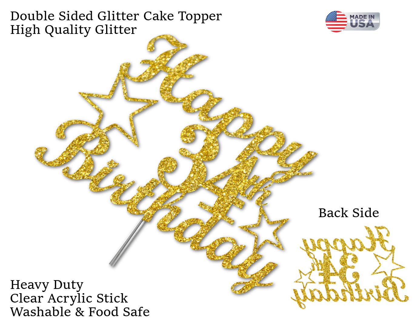34 Birthday Cake Topper Gold Glitter, Party Decoration Ideas, Premium Quality, Sturdy Doubled Sided Glitter, Acrylic Stick. Made