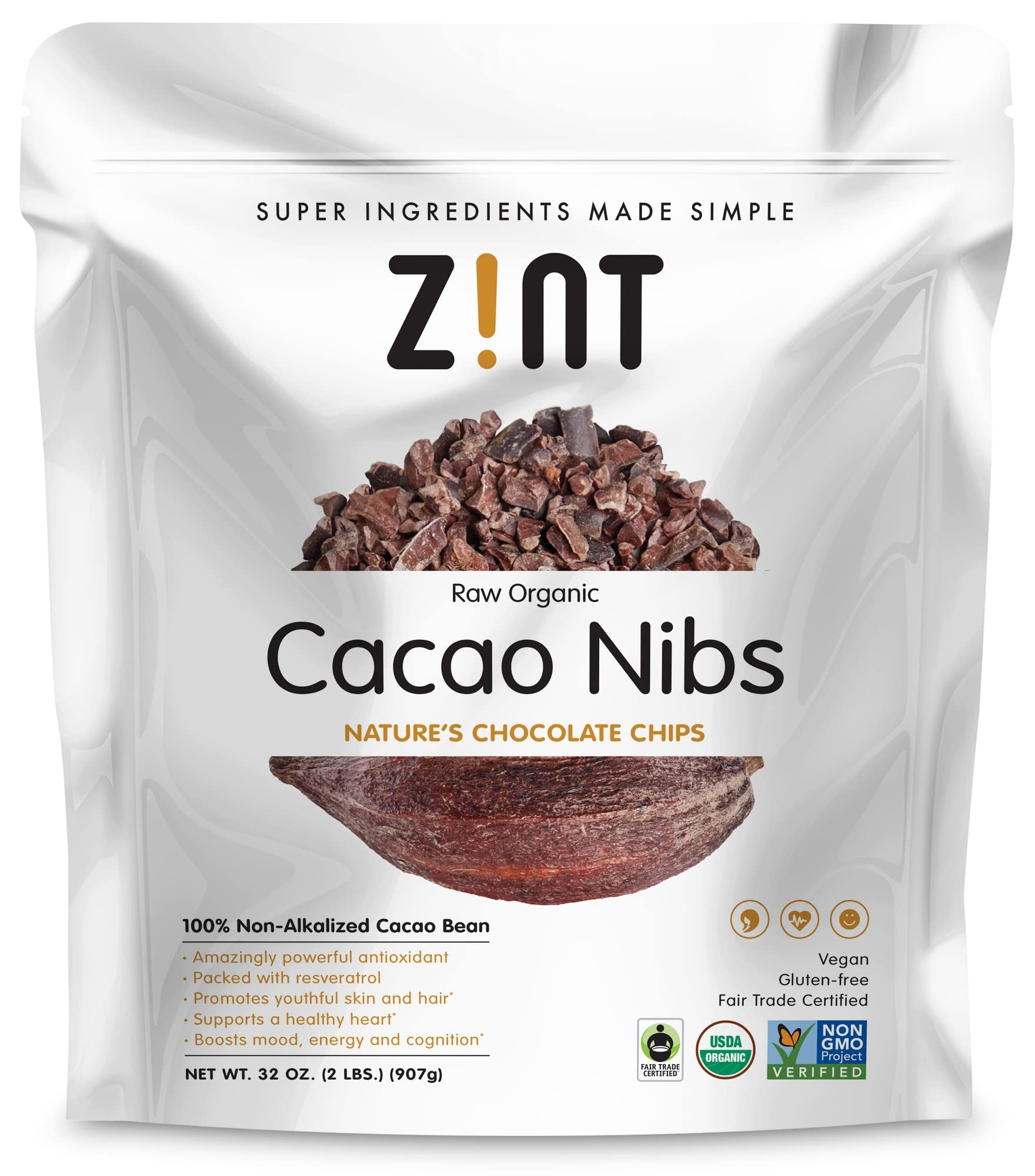 Zint Organic Cacao Nibs (32 Oz): Fair Trade, Paleo-Certified, Organic, Non Gmo, Anti Aging Antioxidant Superfood, Gluten Free Co