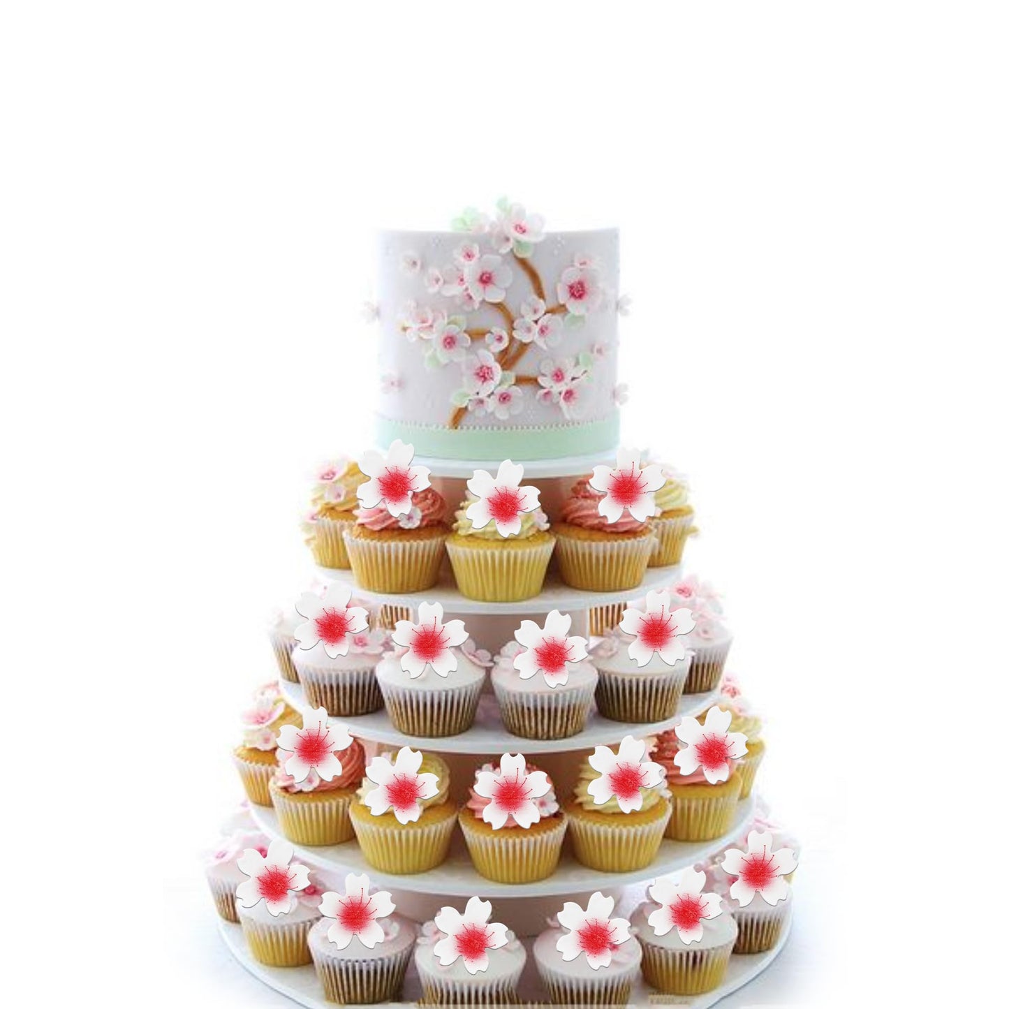 Rssta i 100 Pack Edible Cherry Blossom Cake Decorations, Wafer Paper Cupcake Toppers, Design 11