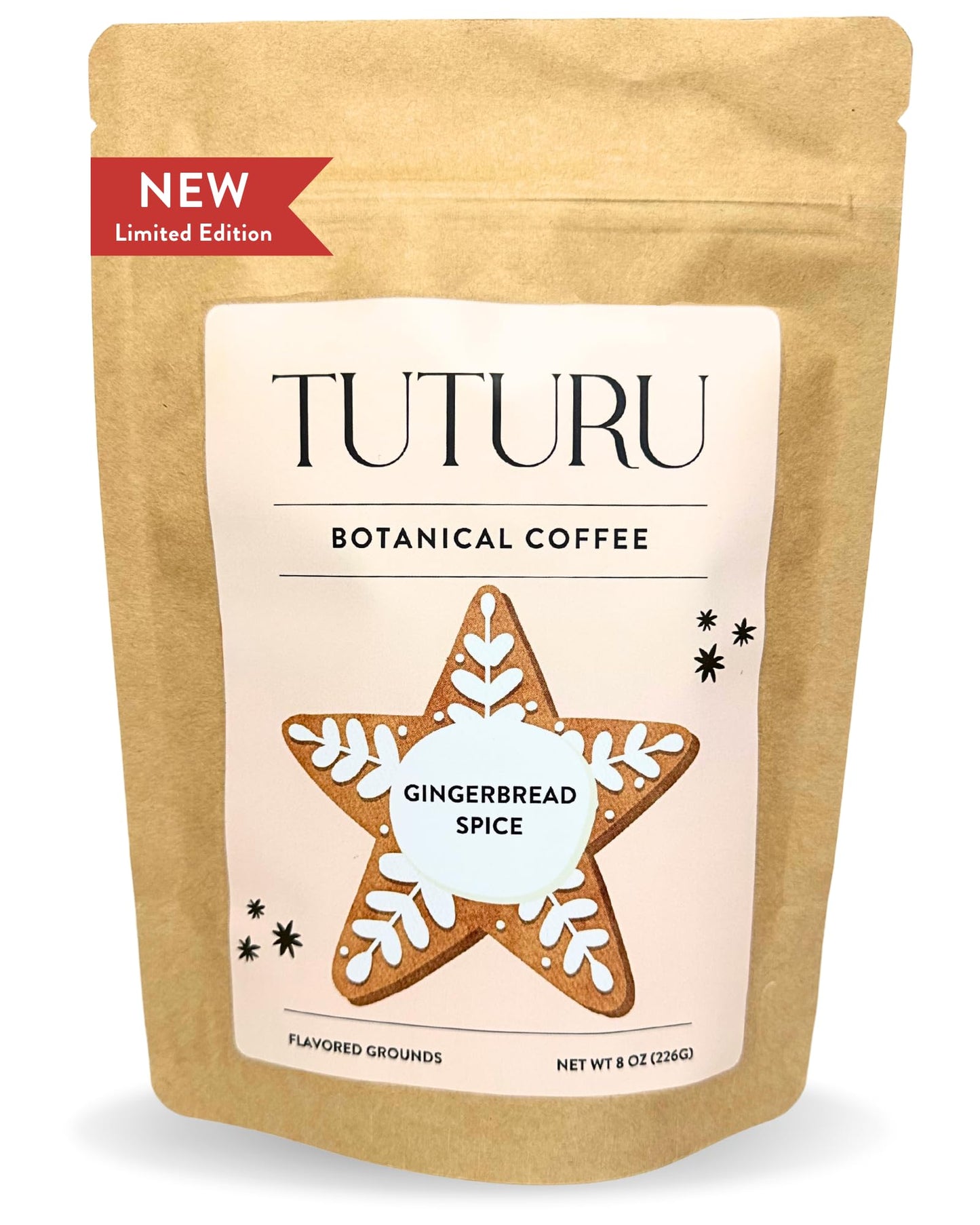 TUTURU Botanical Coffee Gingerbread Ground Coffee, Medium Roast, 8 oz, Flavored with Real Gingerbread Spices, Low-Acid for Drip or Cold Brew