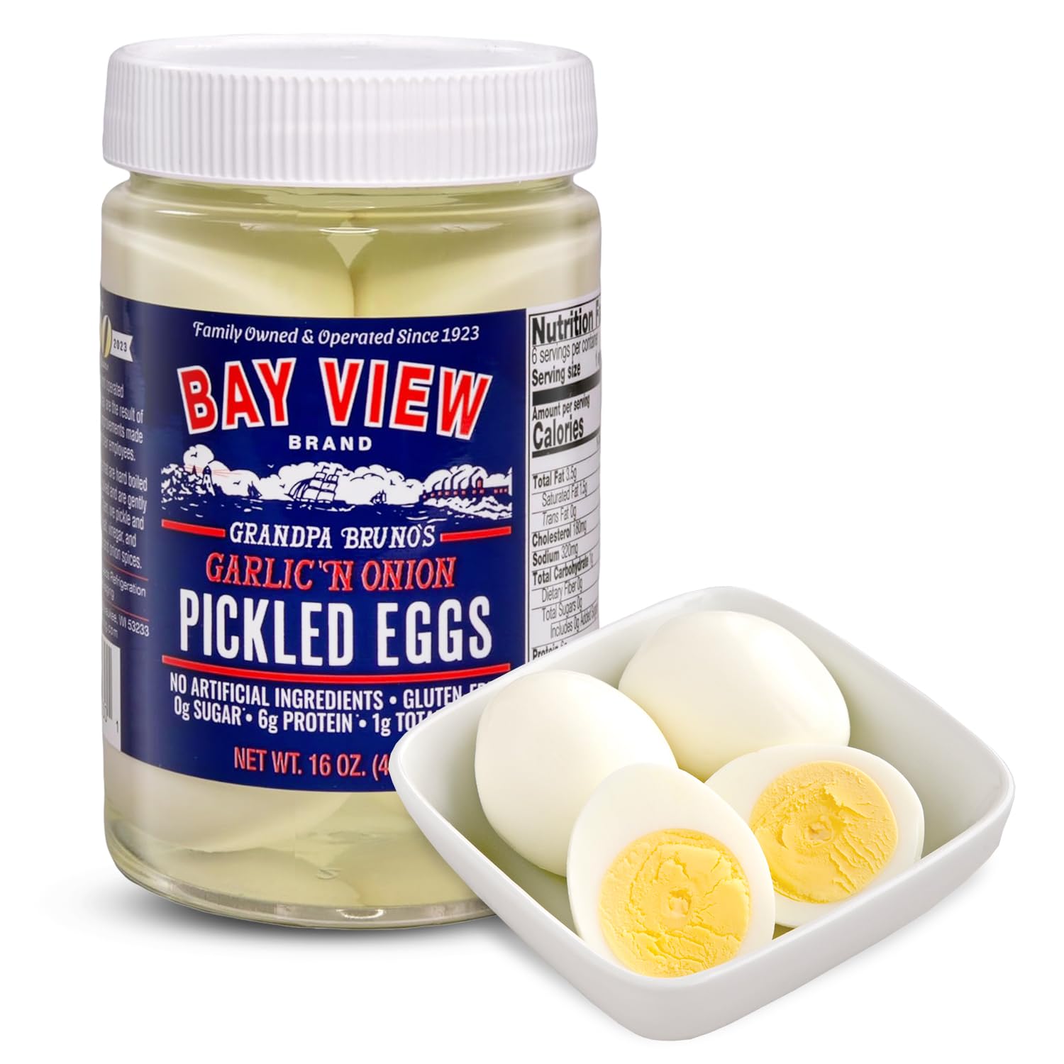 BAY VIEW BRAND Pickled Eggs, Garlic N Onion, Gluten Free, 0g Sugar, 6g Protein, 16oz