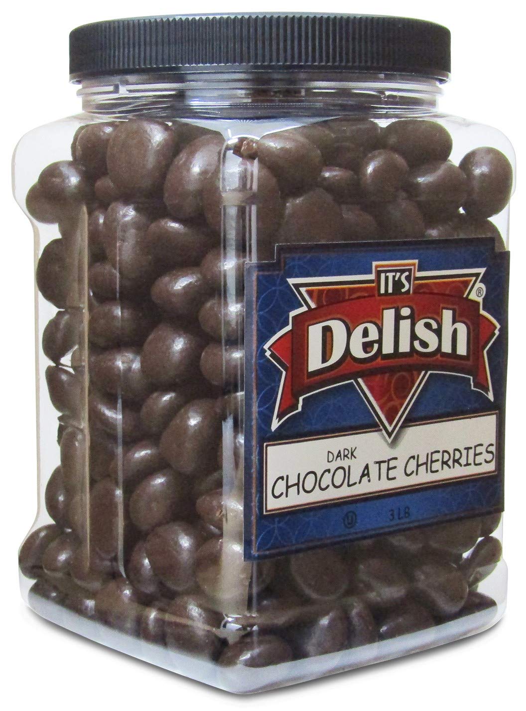 Gourmet Dark Chocolate Covered Cherries By ItS Delish  3 Lb Jumbo Reusable Container | Top-Grade Dark Bittersweet Chocolate Coated Dried Cherries - Kosher Parve Vegan