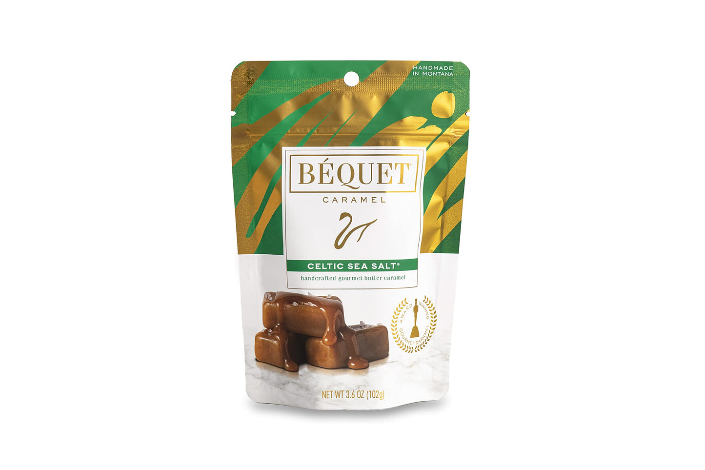 Béquet Caramel - Celtic Sea Salt Caramel - Gourmet Caramel Candy - Salted Caramel Candy Individually Wrapped - Made In Montana - Kosher (Star D) And Gluten Free - 3.6 Oz Single Pouch