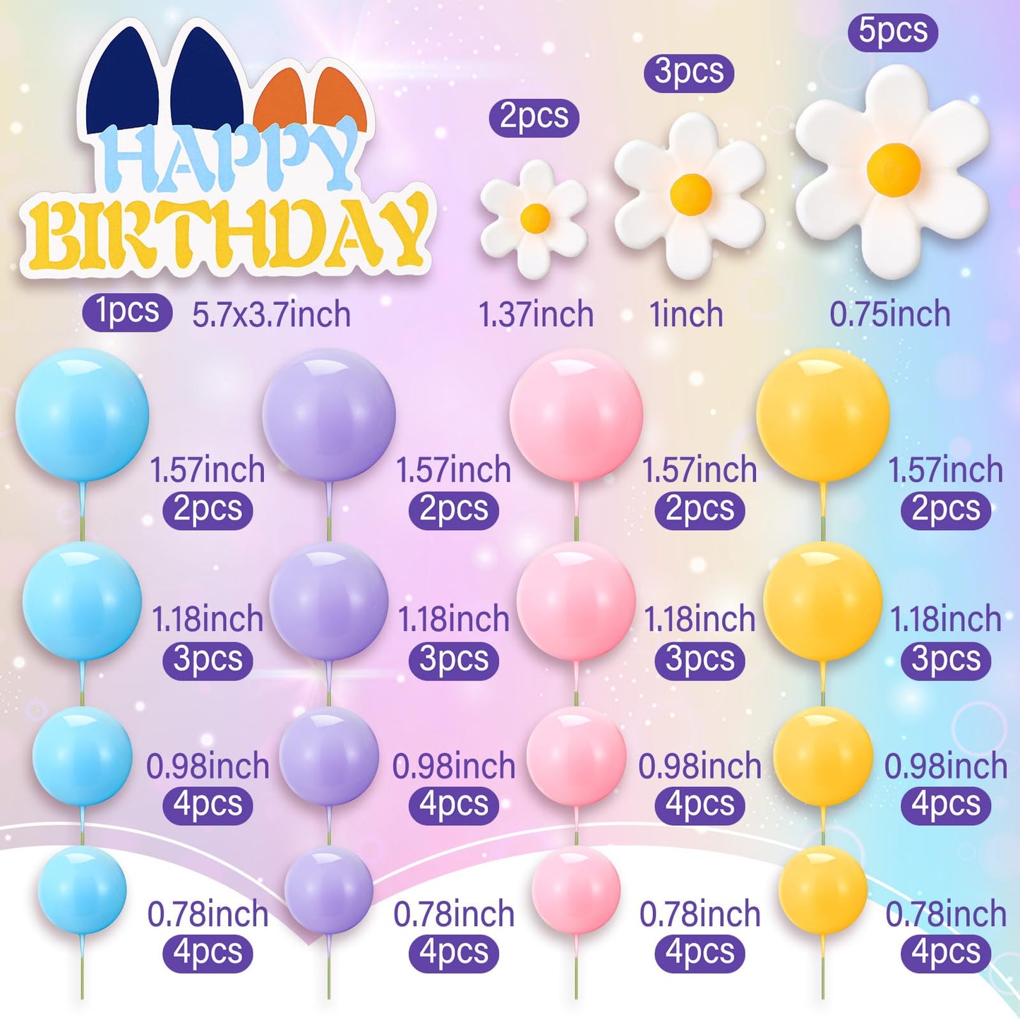 Threehoney 63 Pcs Blue Dog Cake Toppers With Balls Cake Picks And Flowers For Birthday Decoration Groovy Pastel Cupcake Inserts