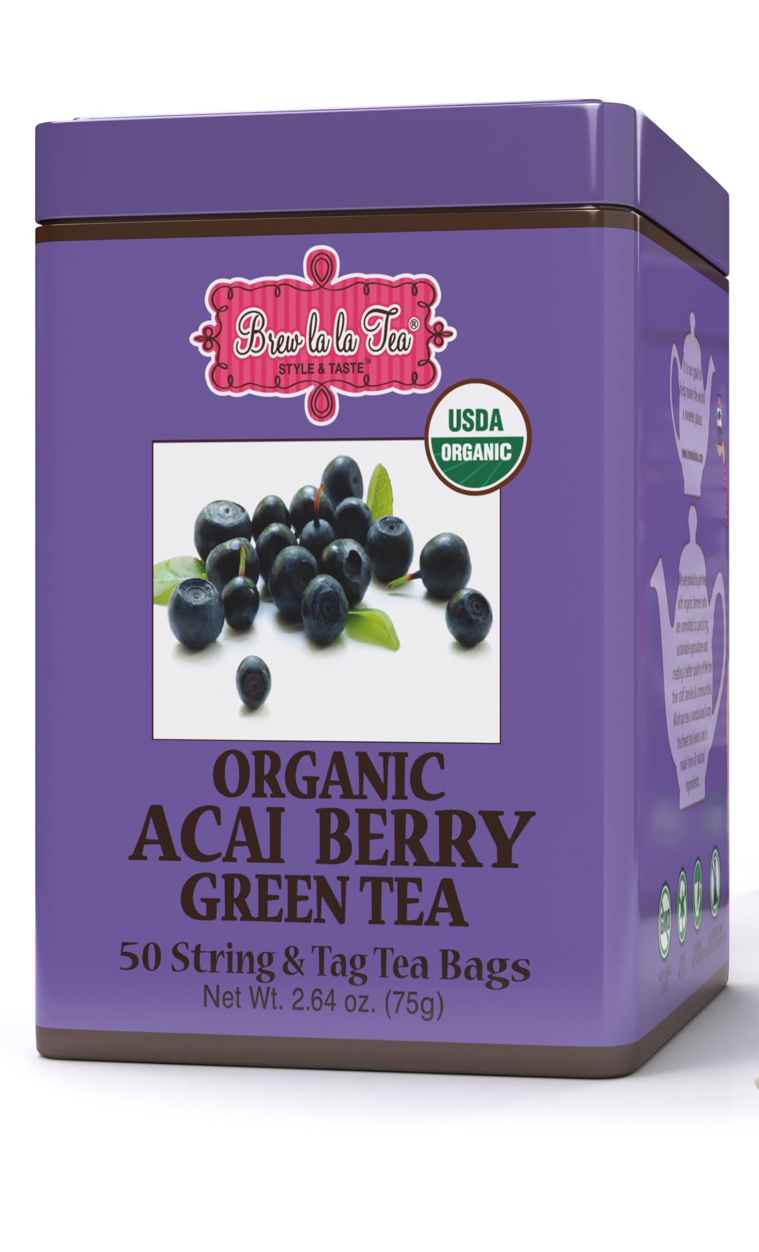 Brew La La Organic Green Tea - Natural Acai Flavor - 50 Count - Low Caffeine Gourmet Tea