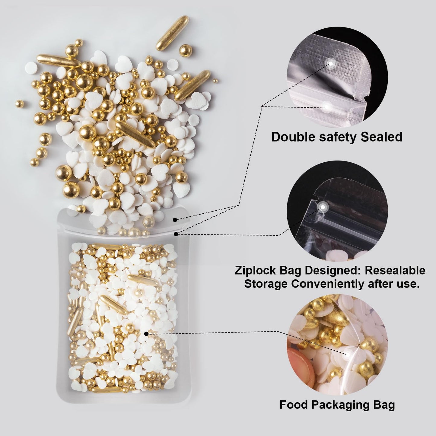HUEBEATY 6-in-1 Edible Cake Pearl Sprinkles - Black Gold Silver White Sprinkles for Cake Decorating, Cupcakes, Cookies & Ice Cre