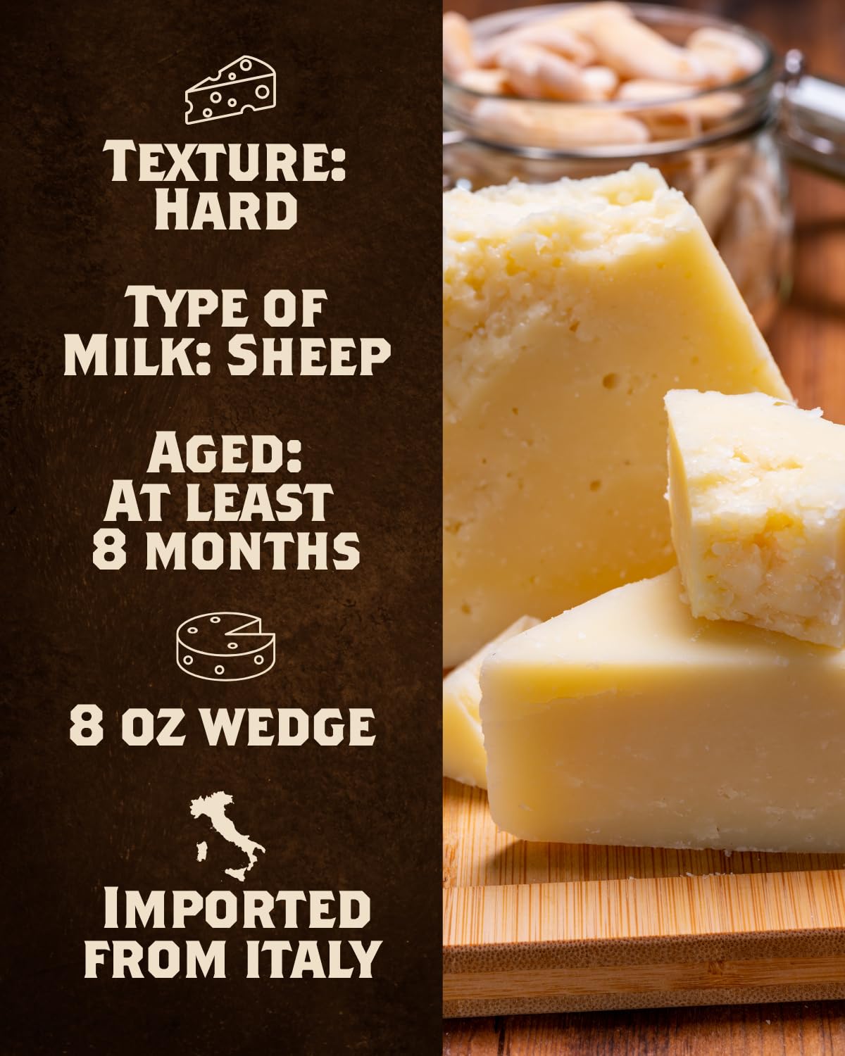 Fortunas Imported Italian Romano Pecorino Wedge - Aged 8 Months, 8 oz Hand Cut Sheeps Milk Cheese - Sharp and Piquant Flavor