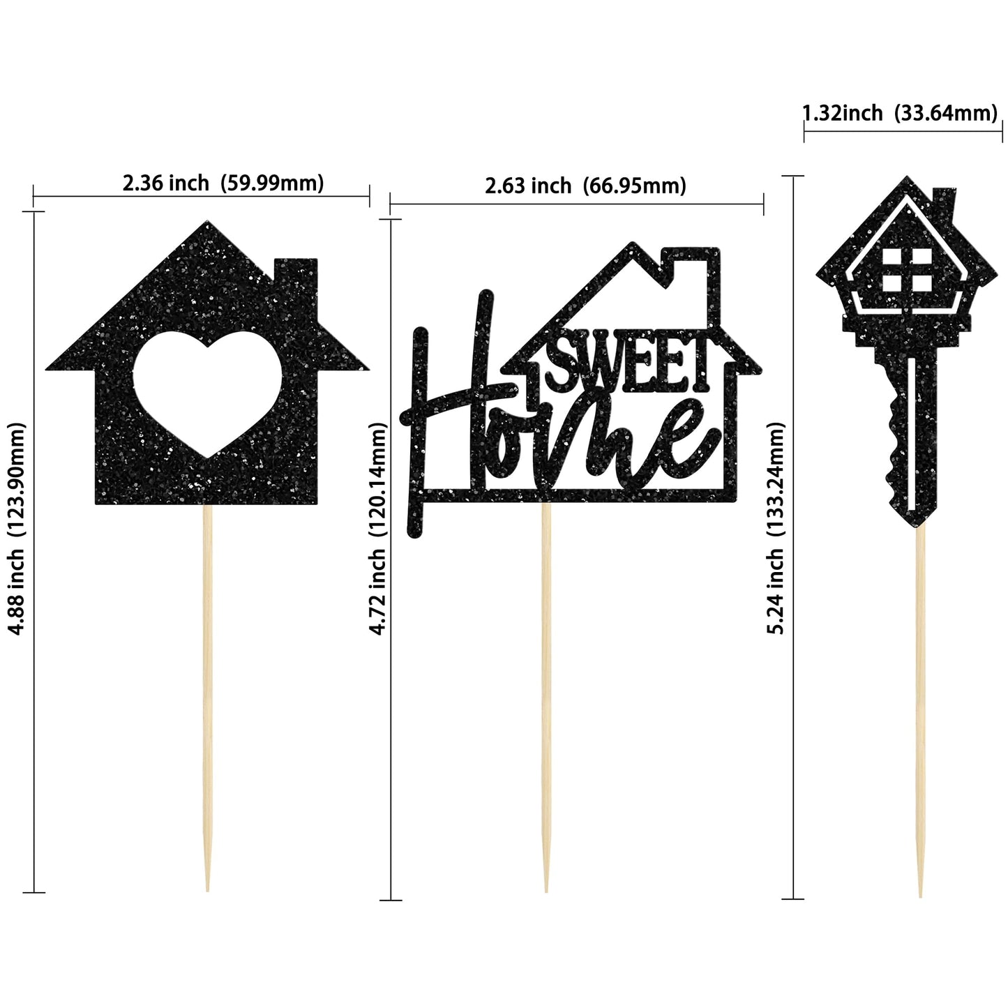 Gyufise Cupcake Toppers, 24 Pack, Glitter Key Housewarming Picks, 2.6x5.1 inches, Black, Paper