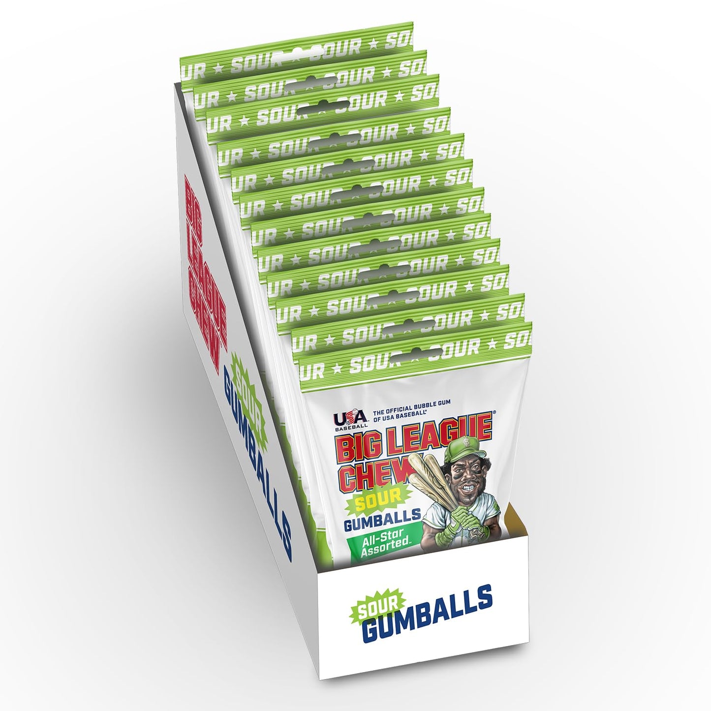 Big League Chew Sour Gumballs Pack of 12 Bags, 3oz Each, Assorted Bright Colors