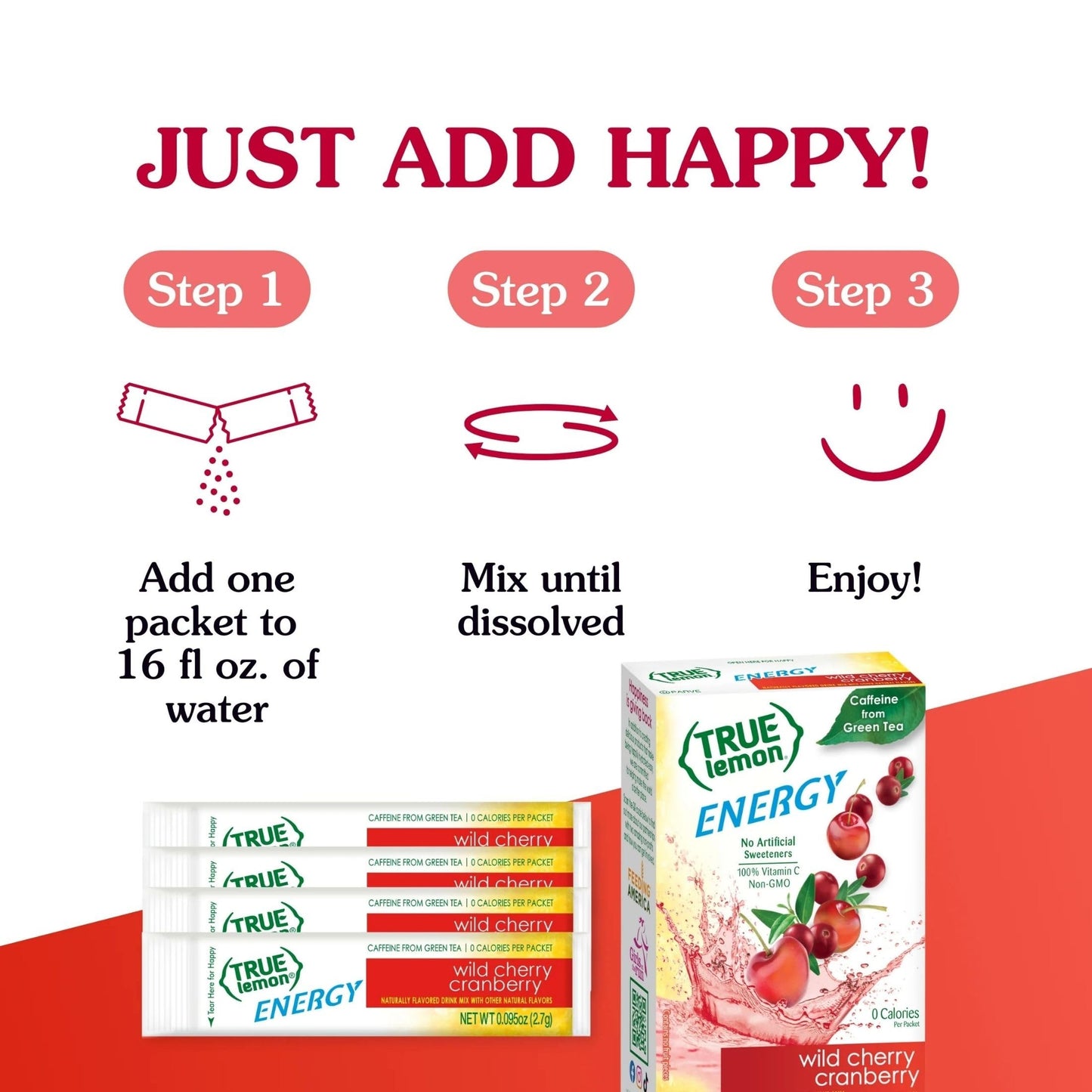 True Citrus Energy Drinks Wild Cherry Cranberry Instant Drink Mix, 24ct Pack of 4, 0.57 Ounce each, Red, Model 810979007845