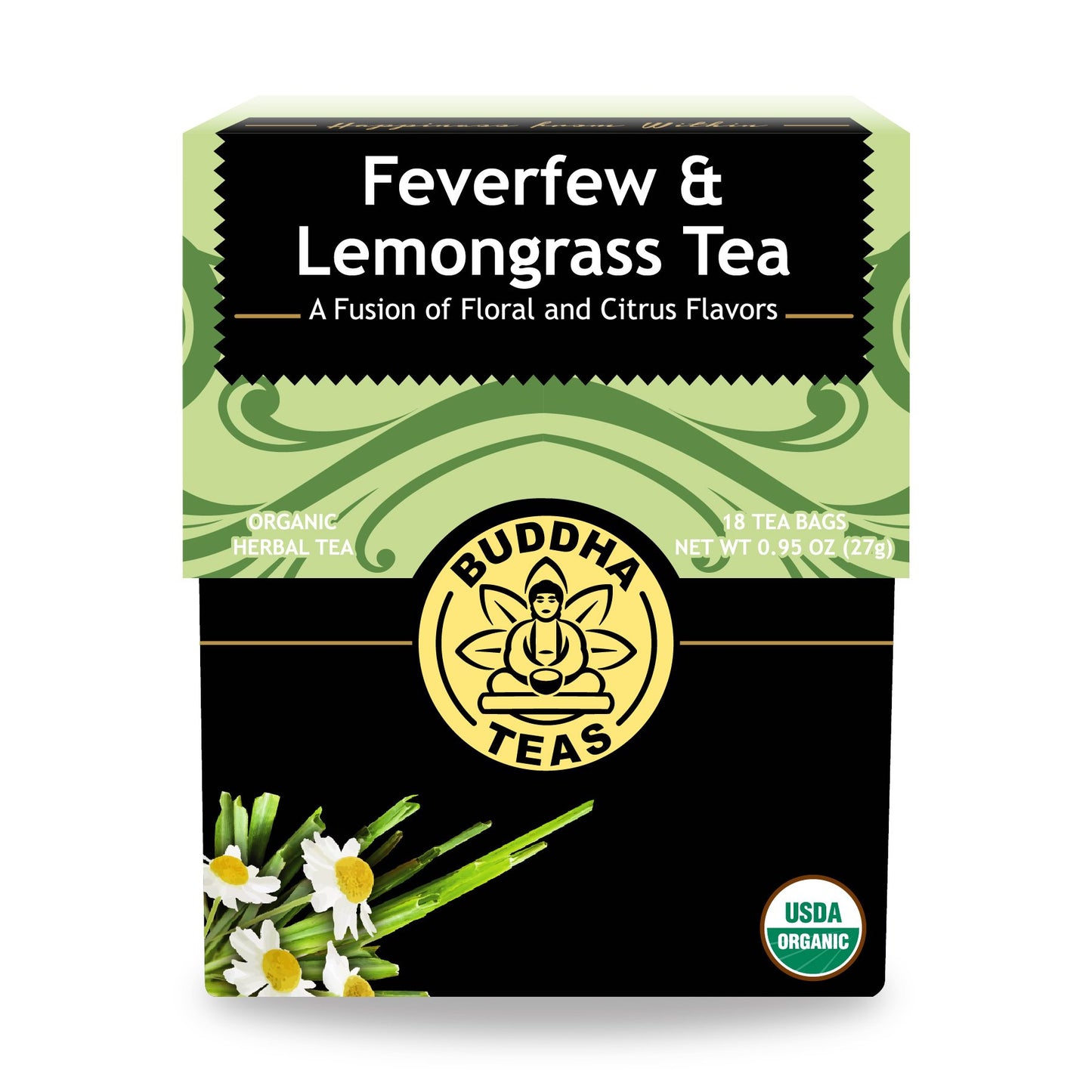 Buddha Teas - Feverfew & Lemongrass - Organic Herbal Tea - For Cognitive Balance & Overall Health - With Essential Minerals & Vitamins - Energy Blend Free - 100% Kosher & Non-Gmo - 18 Tea Bags (Pack Of 1)