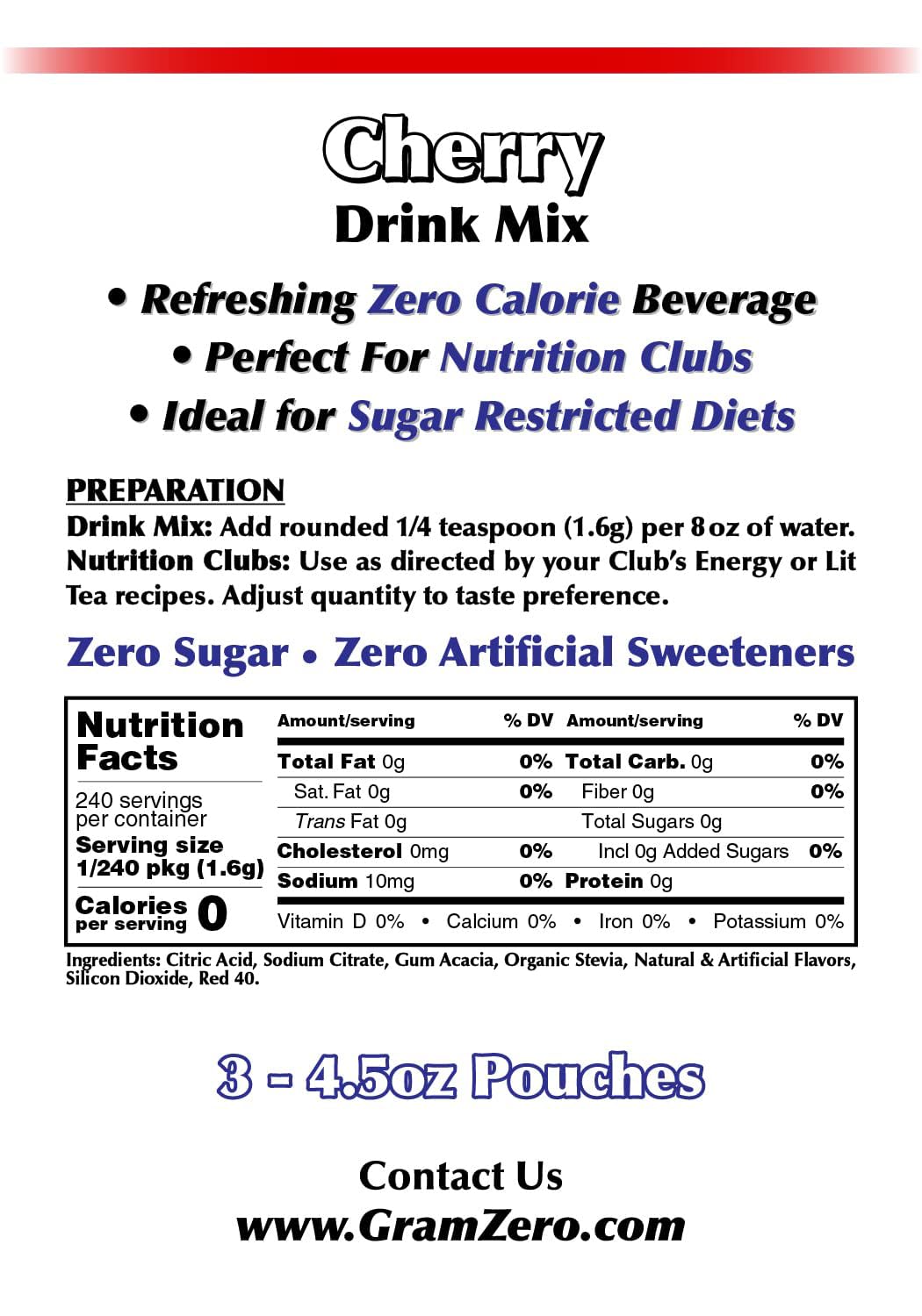 Gramzero Cherry Zero Calorie Sugar Free Drink Mix, Great For Nutrition Club Loaded Teas, Stevia Sweetened