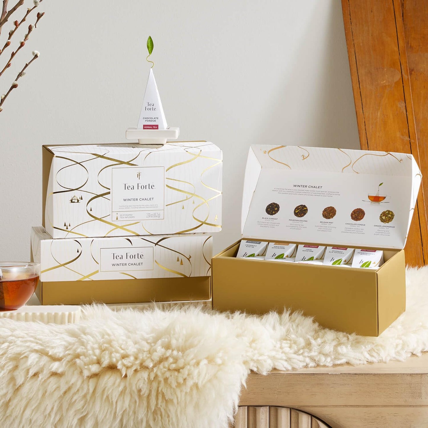 Tea Forte Winter Chalet Enhanced Presentation Box Gift Set Sampler, 20 Count, 4 Of Each Blend Individually Wrapped Handcrafted Pyramid Infuser Bags